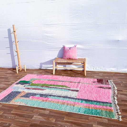 Full view of a colorful abstract handwoven wool Boujaad Moroccan rug