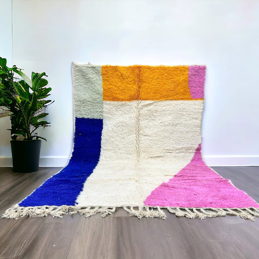 Full view of a handwoven bold block Beni Ourain Moroccan rug with a unique design and vibrant blocks of color