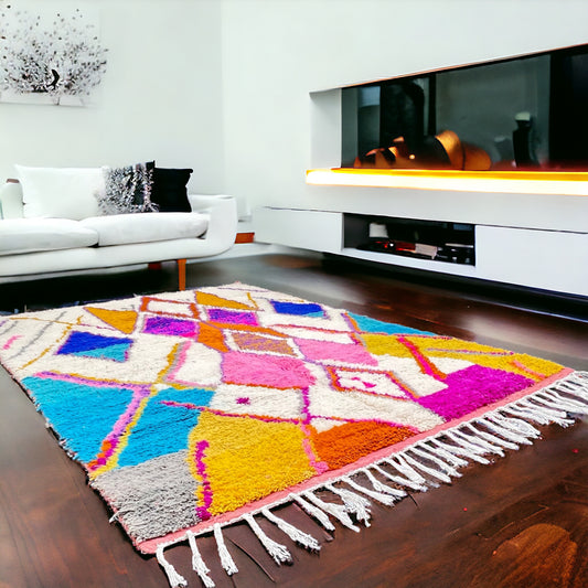 Full view of a handwoven multi-color geometric Beni Ourain Moroccan rug with bold geometric and diamond patterns.