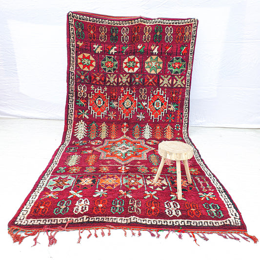 Full view of a colorful medallion handwoven wool Boujaad Moroccan rug with intricate patterns.