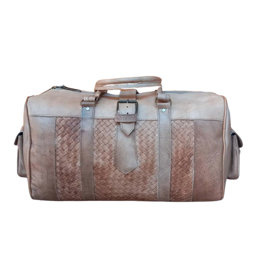 Handcrafted goat leather duffel bag featuring a woven leather design, with a top handle and buckle closure.